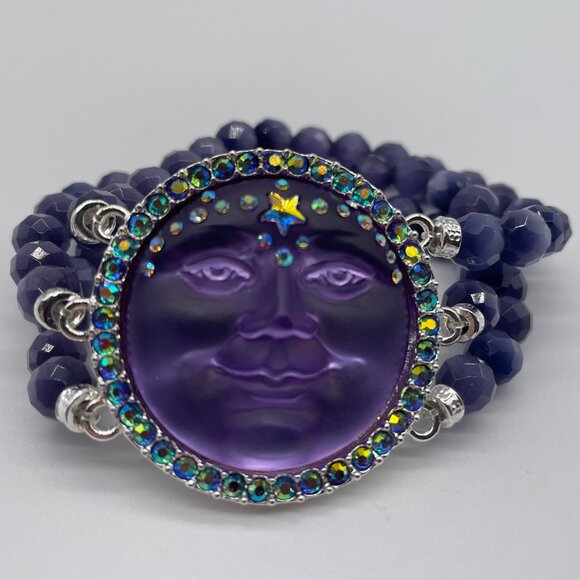 Kirks Folly Seaview Moon Bracelet Purple Rhinestone Crystal Bead Stretch RARE - Picture 1 of 6